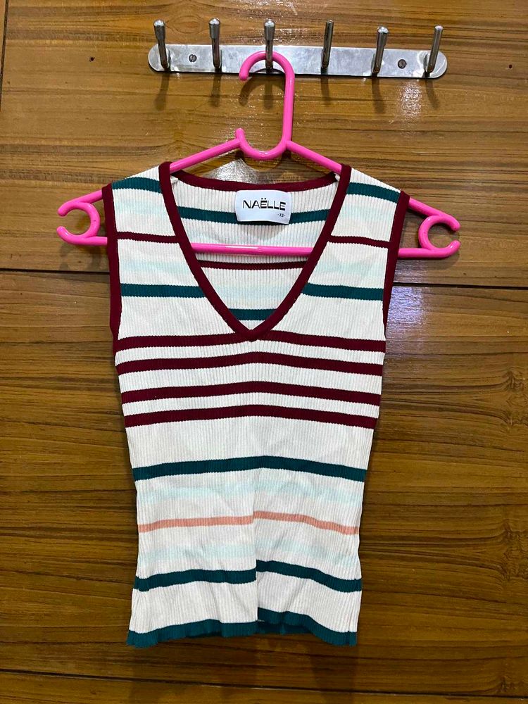 Striped V-Neck Sleeveless Knit Top