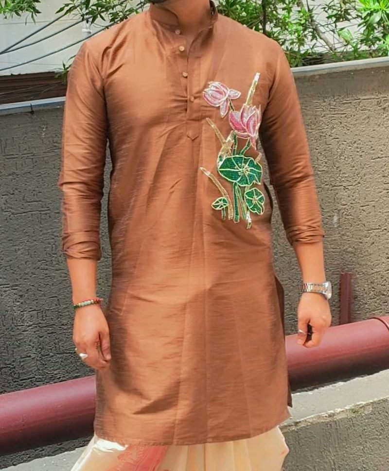Silk Kurta with Floral Embroidery