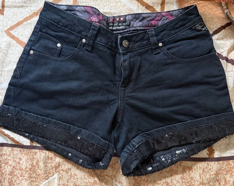 Black Denim Shorts with Sequins