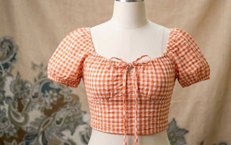 Cute Orange Gingham Tie Front Top