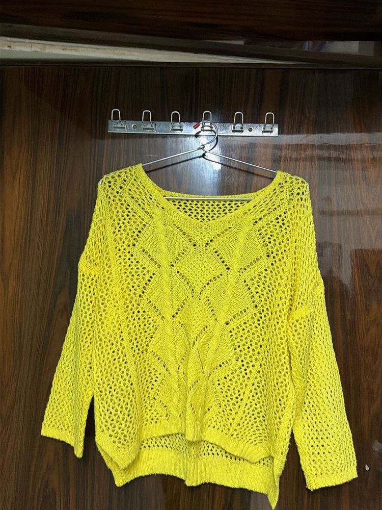 Bright Yellow Crochet Knit Sweater