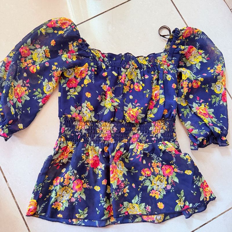Cute Navy Floral Smocked Peplum Top