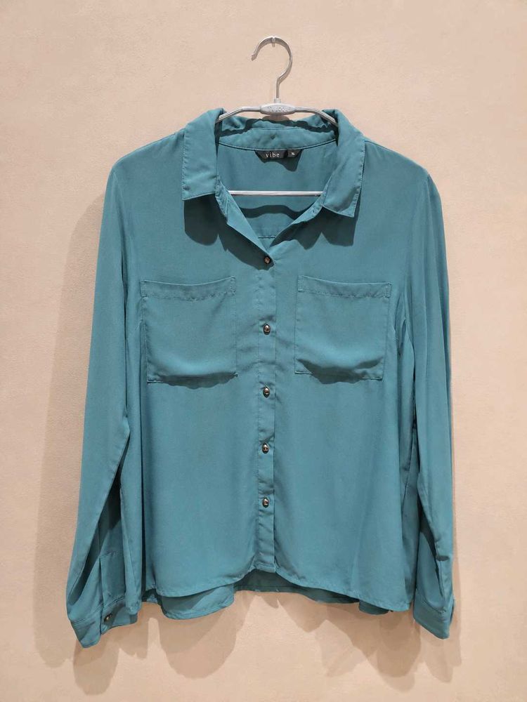 Teal Button-Up Shirt with Pockets