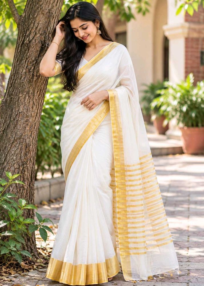 Elegant White Saree with Gold Border