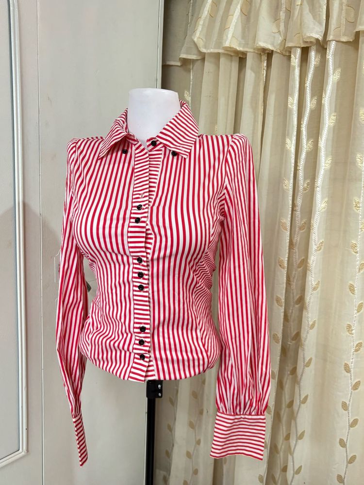 Red &amp; White Striped Button-Up Blouse