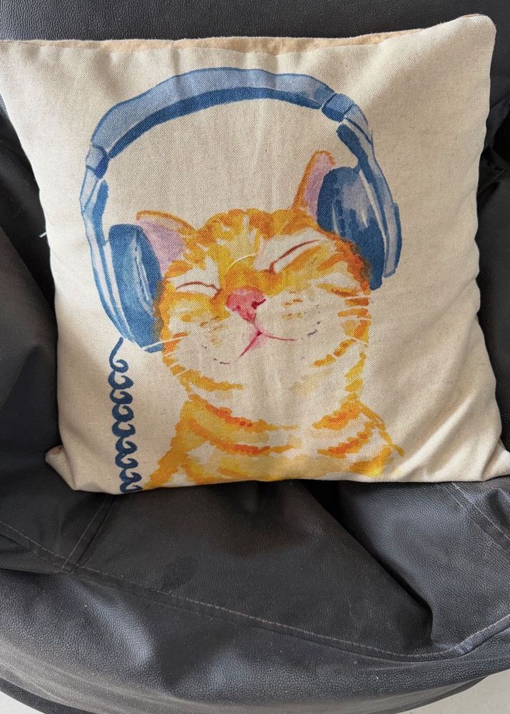 Cute Cat Headphones Cushion Cover