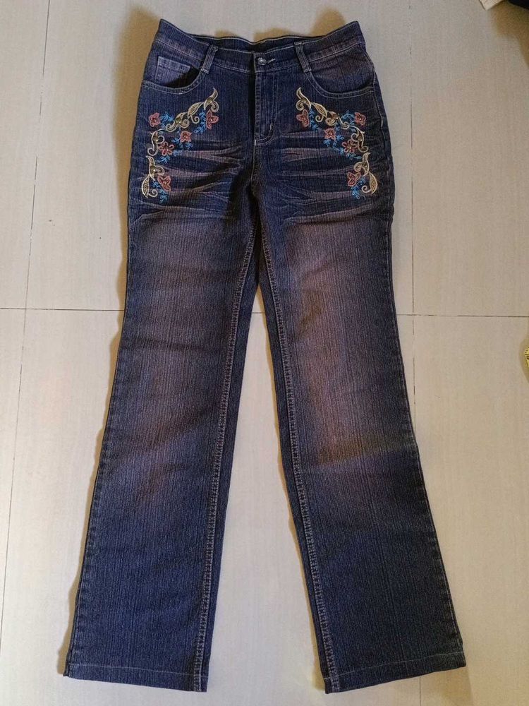 Embroidered Blue Denim Jeans