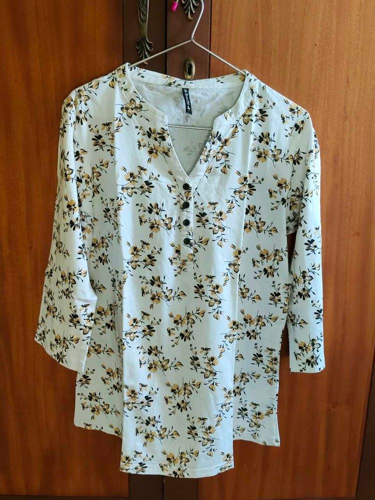White Floral Print Kurta