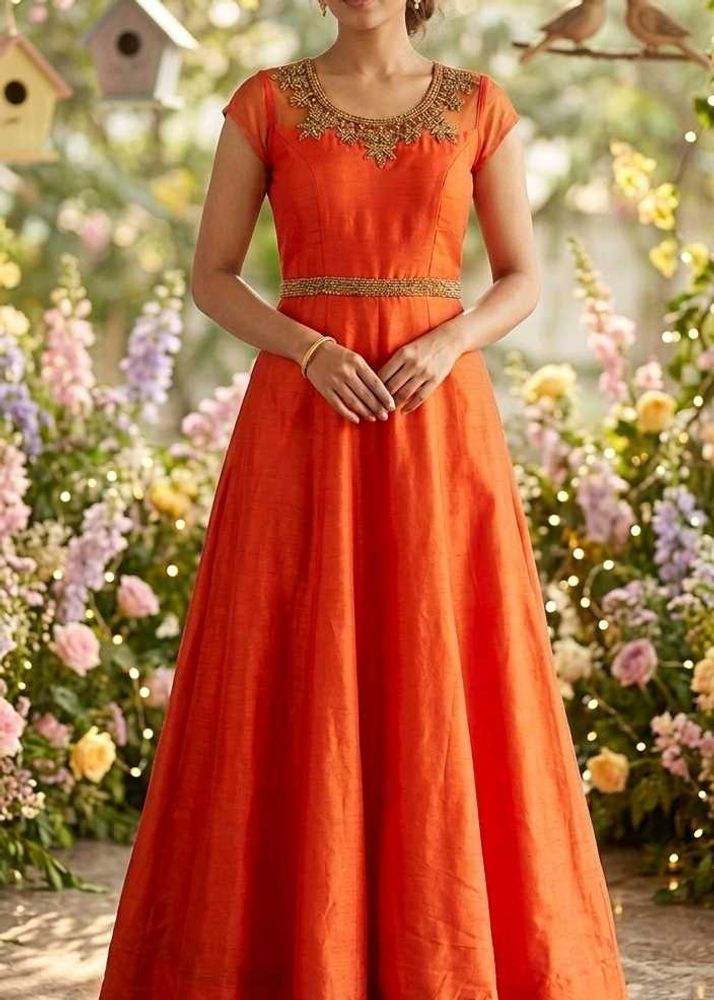 Embellished Orange Ethnic Work Gown with pant.