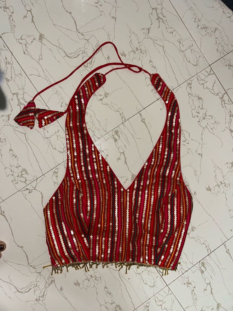 Red Sequin Halter Neck Blouse (S)