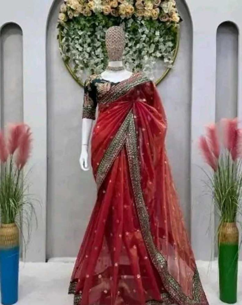 Stunning Red Embroidered Net Saree