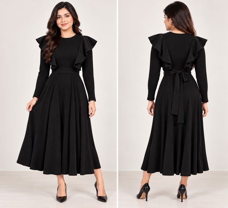 Elegant Black Ruffled Midi Dress