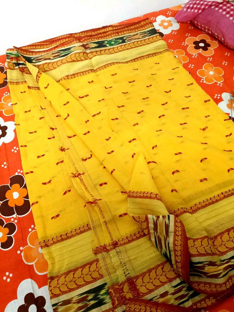 Vibrant Yellow Saree with Red Motifs