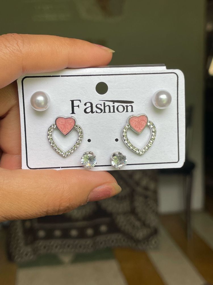 Cute Heart &amp; Pearl diamond Earring Set