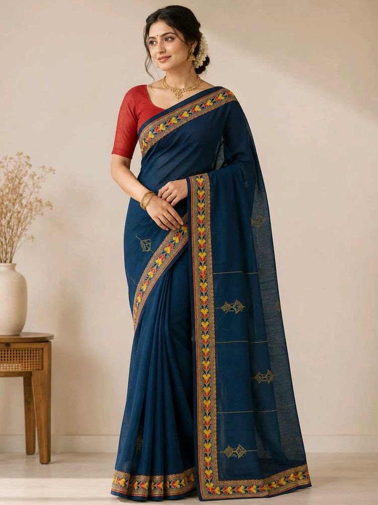 Elegant Blue Saree with Embroidered Border