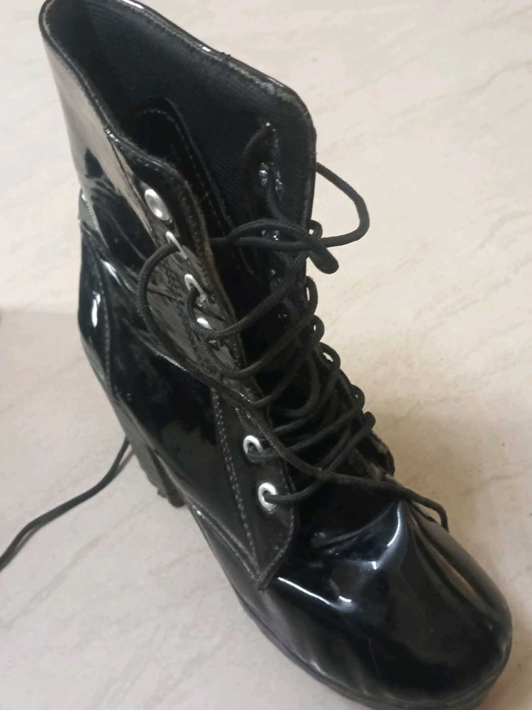 Black Patent Lace-Up Boots