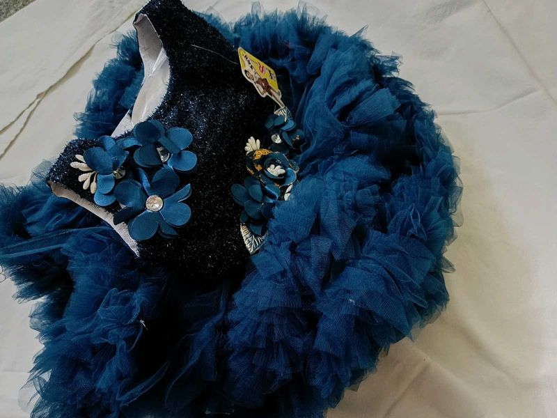 Stunning Blue frock with Floral Embellishments