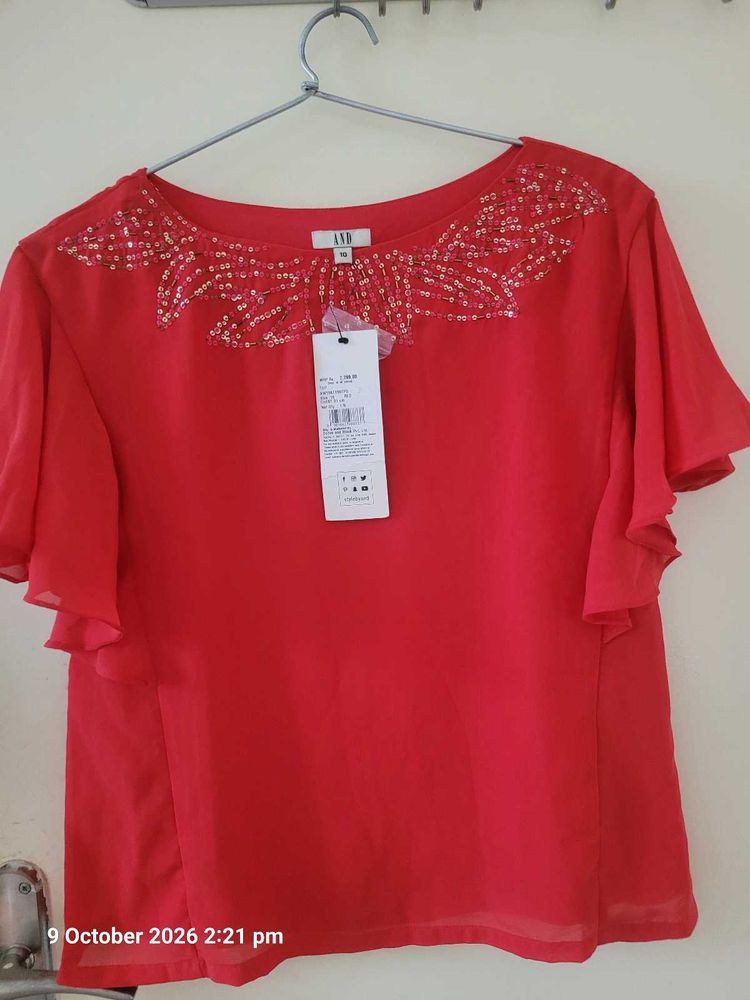 Red Beaded Neckline Top