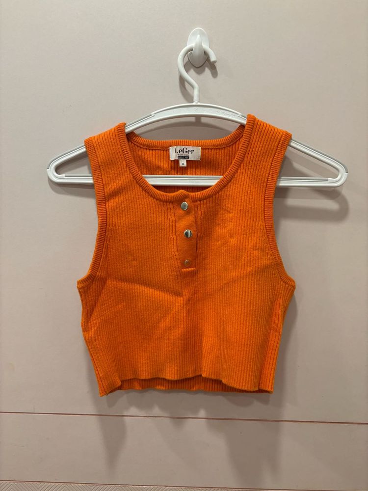 Bright Orange Ribbed Button-Up Tank Top