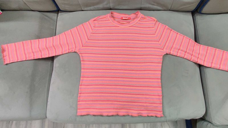 Pink round neck ,full sleeves stretchable Top