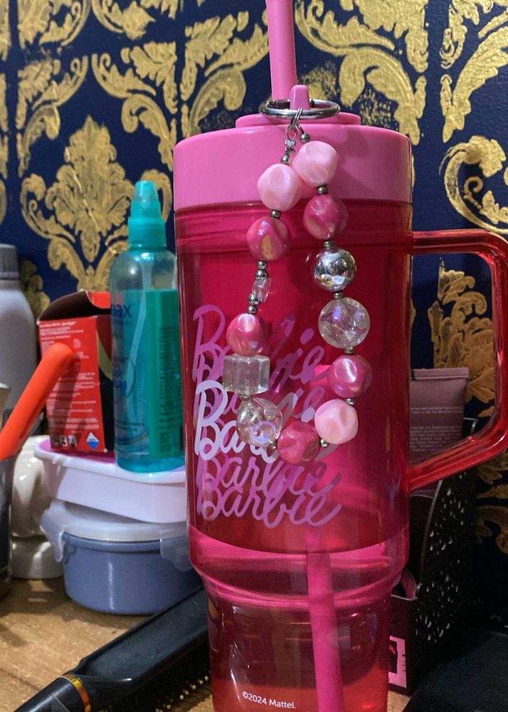 🎀 Barbie Pink Tumbler with Cute Beaded Charm 💗✨