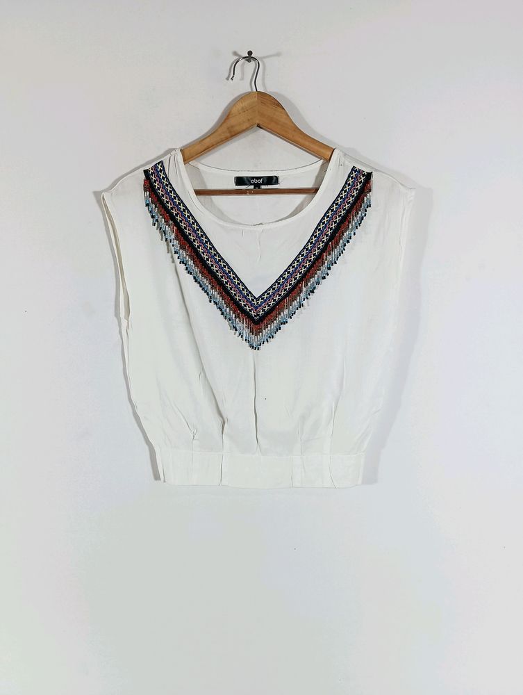 White Casual Embroidered Top (Women)