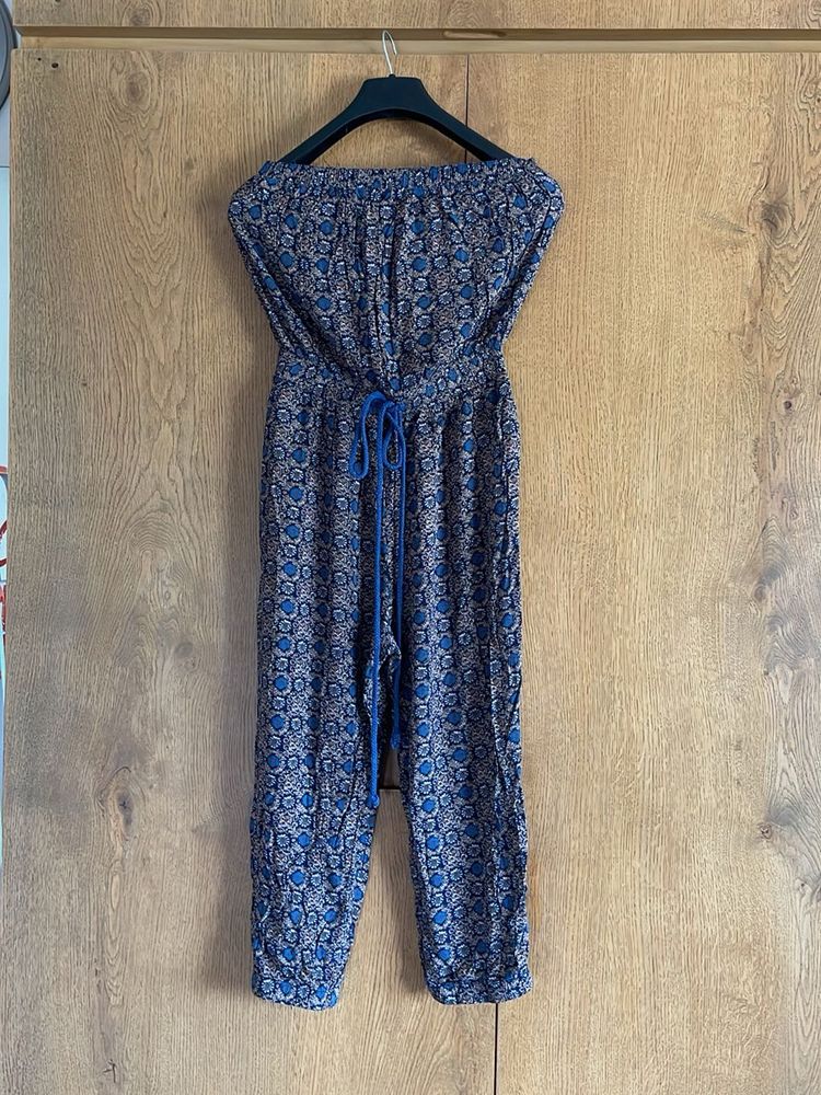 Blue Patterned Strapless Jumpsuit