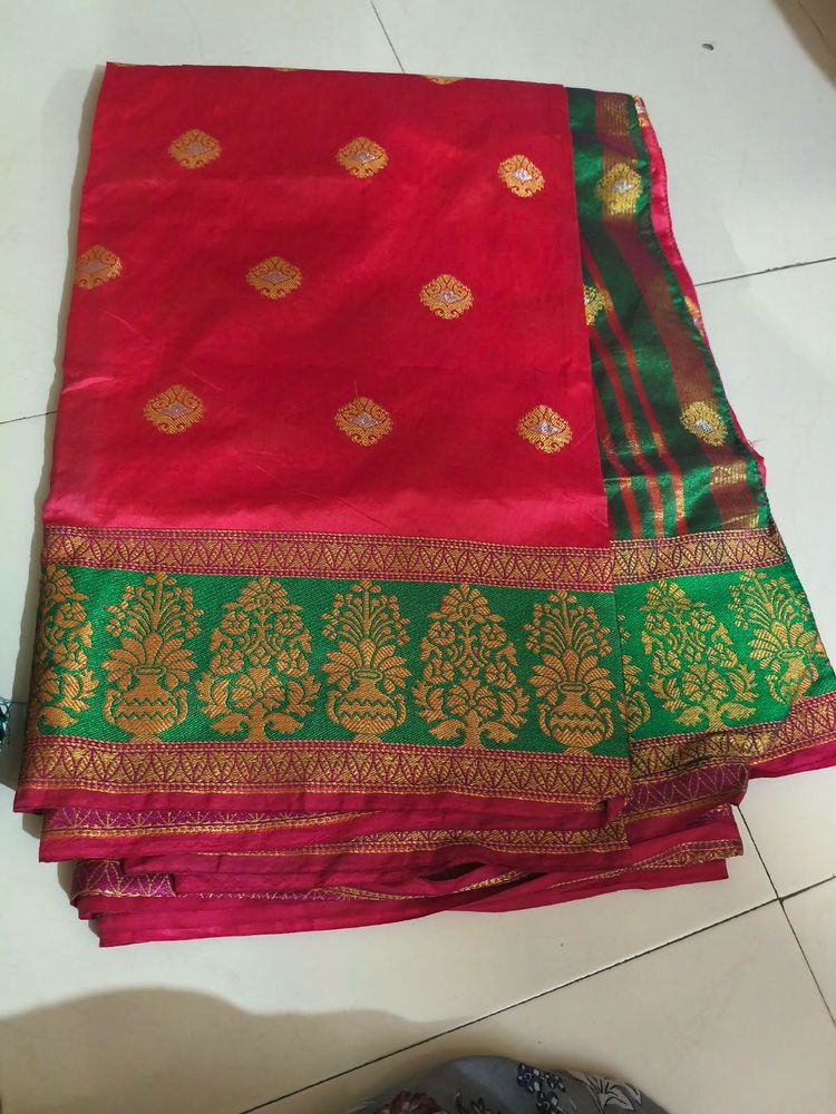 Vibrant Red Silk Saree with Green Border