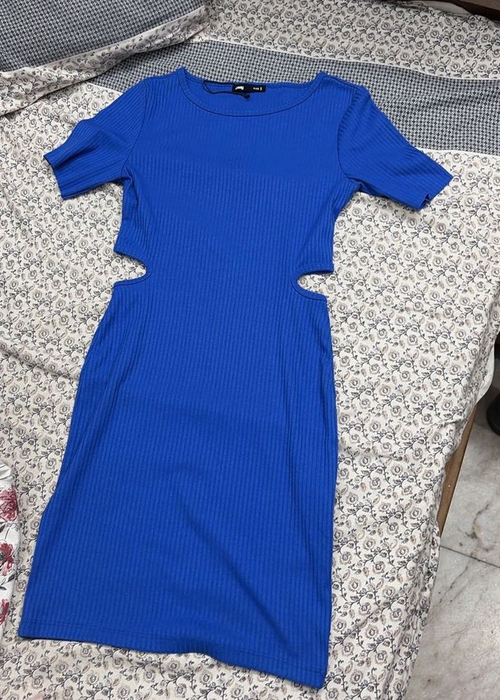 Ribbed Blue Cut-Out Dress