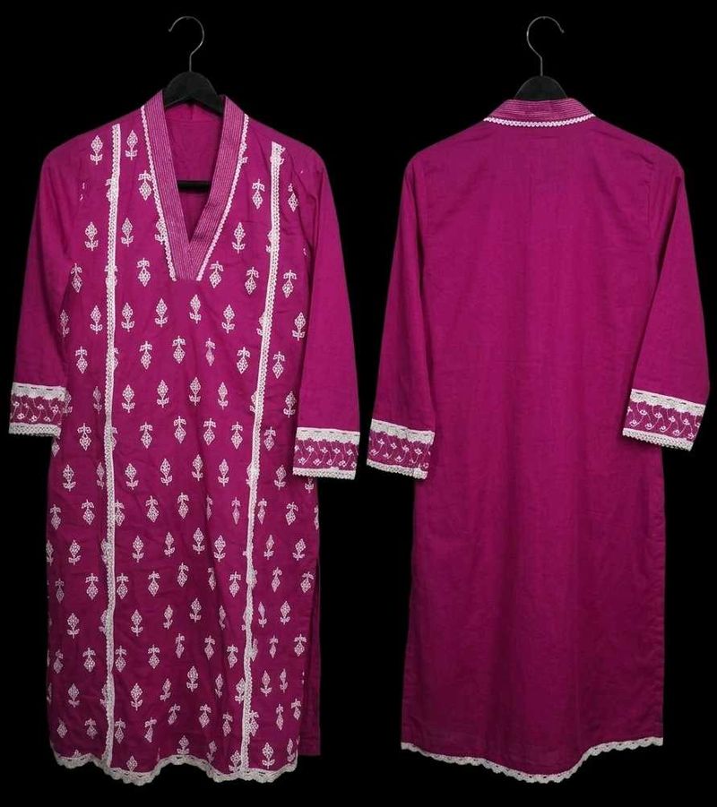 Pink Cotton Kurta with Lace