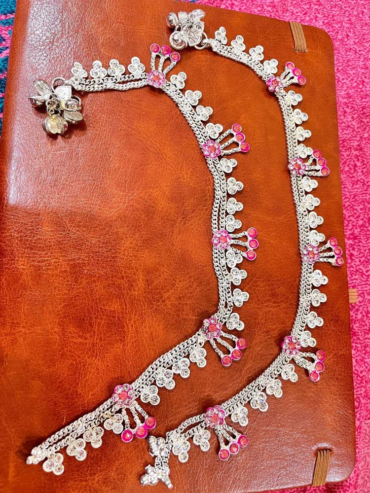 Elegant Silver Anklets with Pink Accents