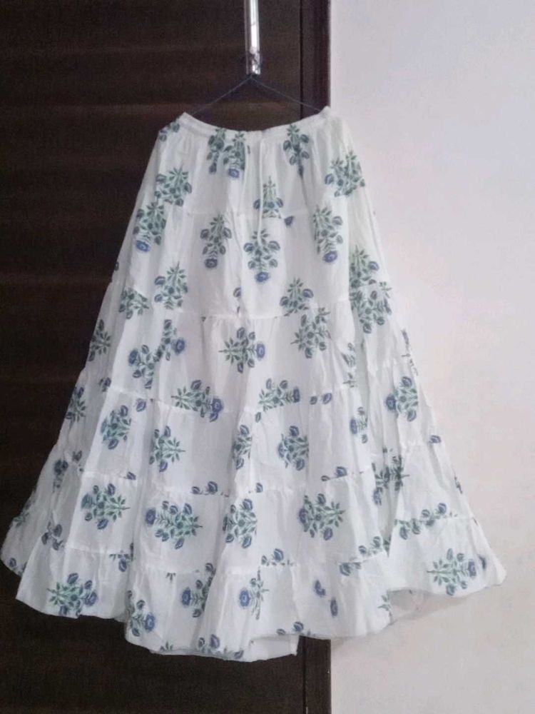 White Block Print Tiered Maxi Skirt