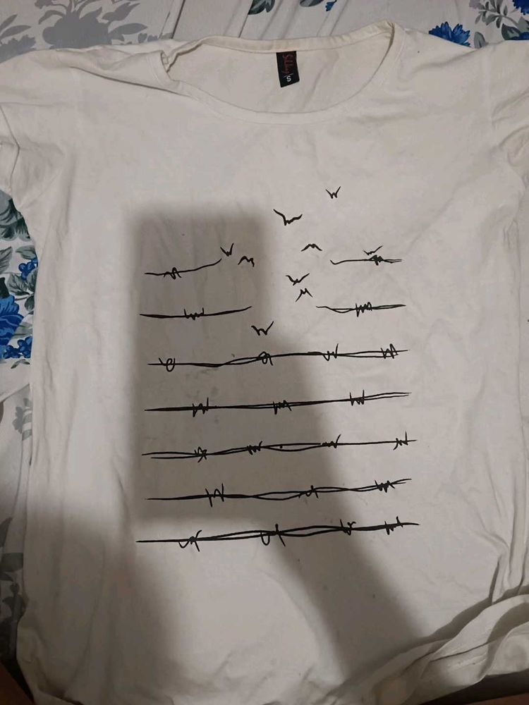 White Graphic T-Shirt - Birds &amp; Barbed Wire (Size
