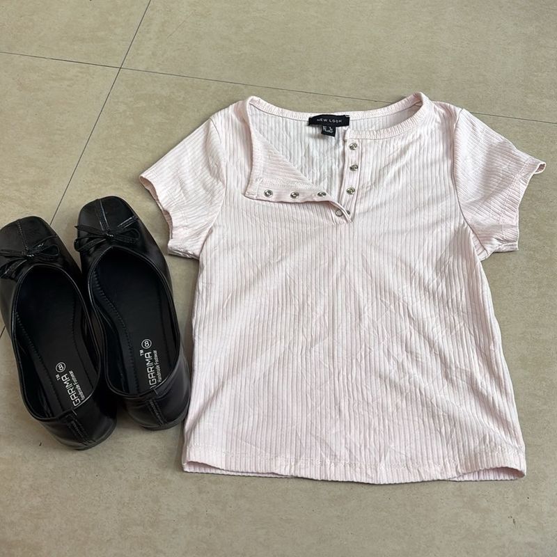 New Look Pink Ribbed Button-Up Top