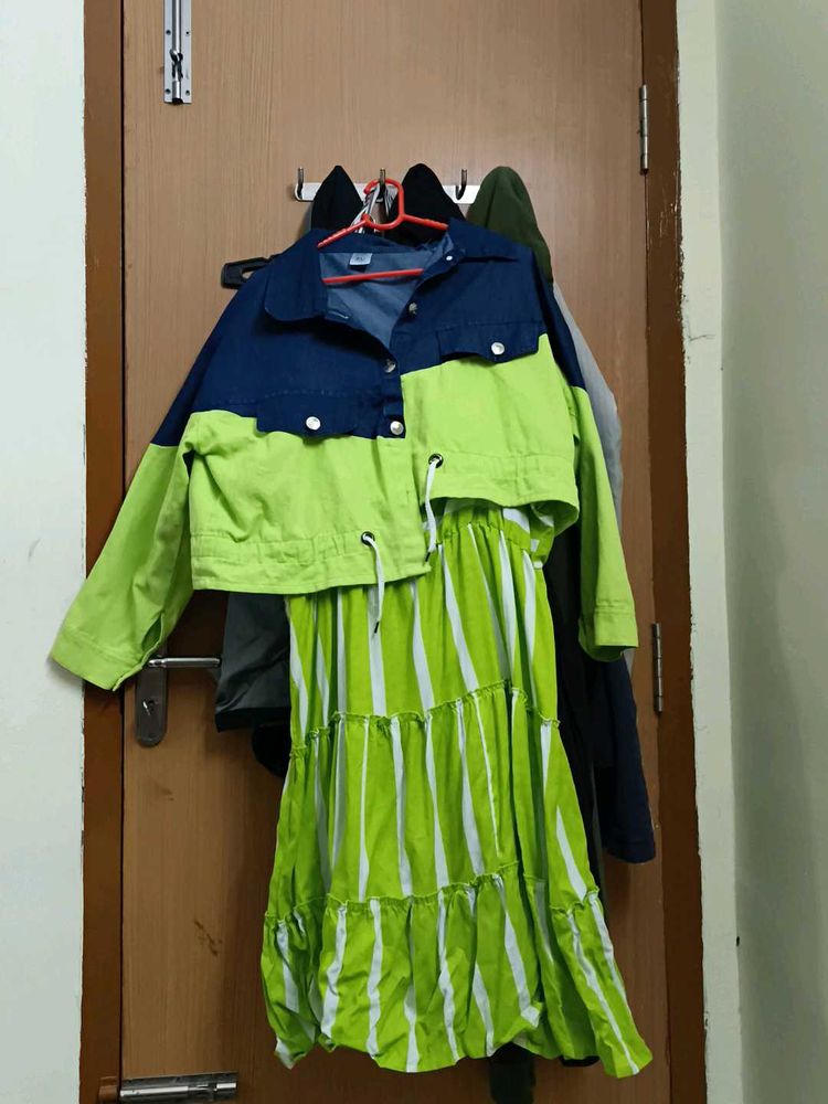 Green Striped Dress with Denim Jacket