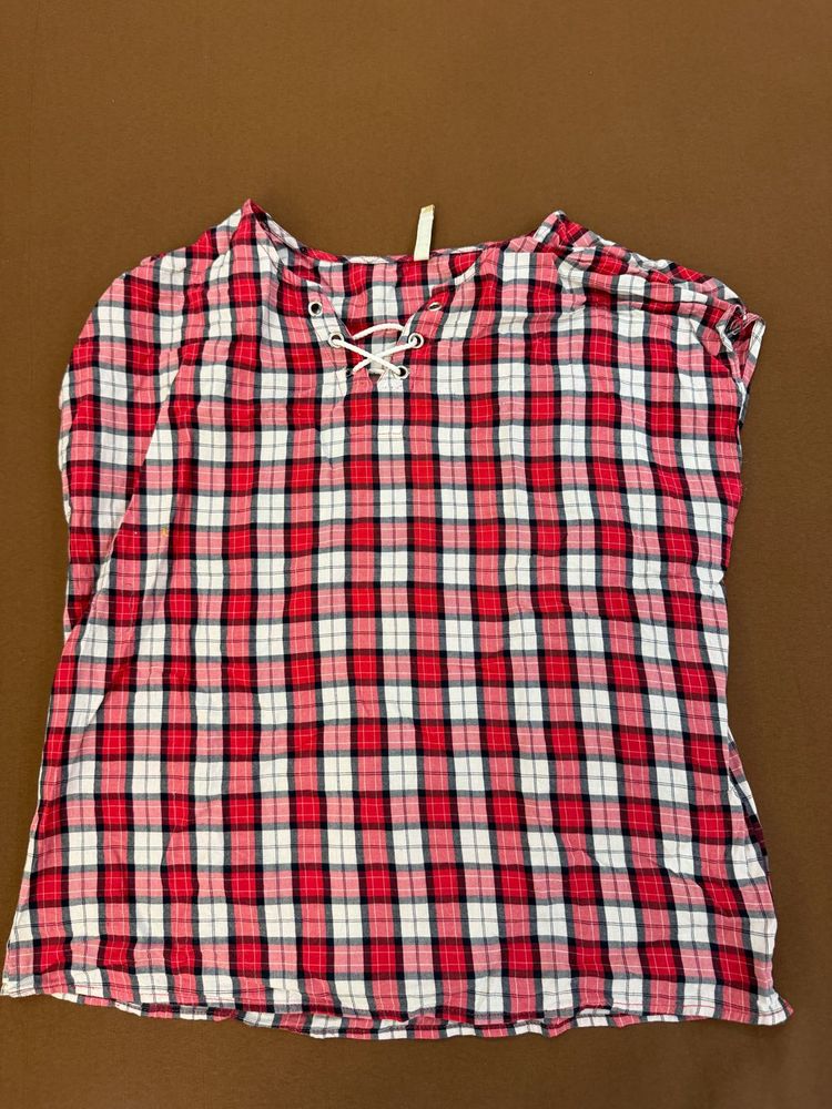 Red Plaid Lace-Up Top