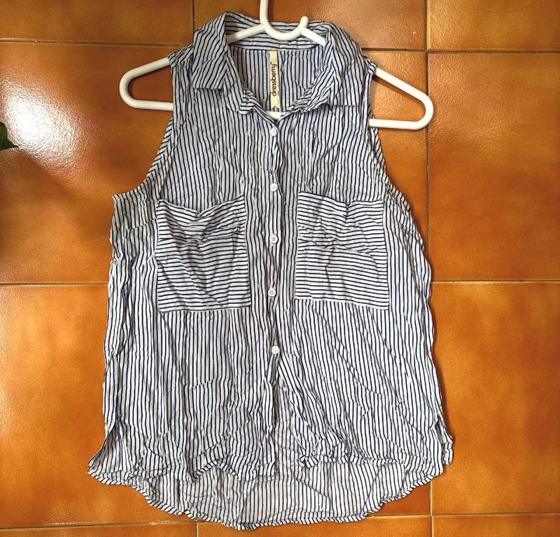 Striped Sleeveless Button-Up Shirt