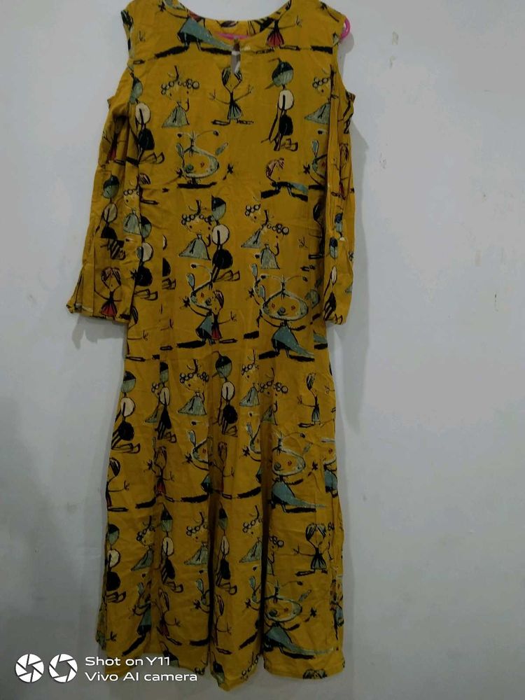 Unique Yellow Print Cold Shoulder Dress