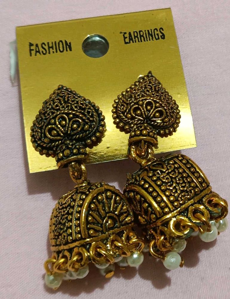 Golden Jhumka Earrings with Pearls