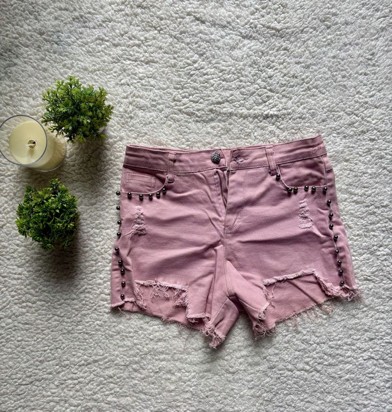 Pink Studded Distressed Denim Shorts