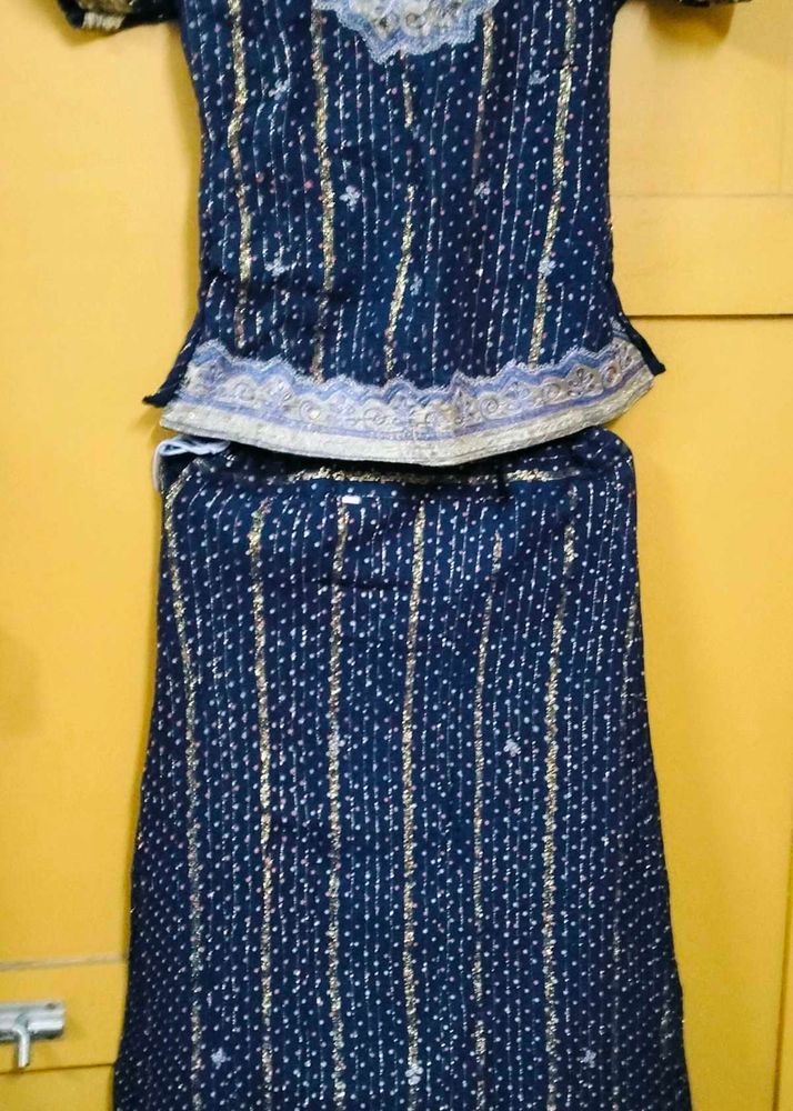 Navy Blue Embellished Lacha Set (Rich Zari Border)