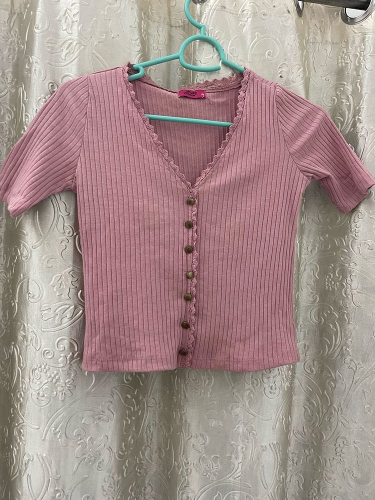 Pink Ribbed Button-Up Crop Top