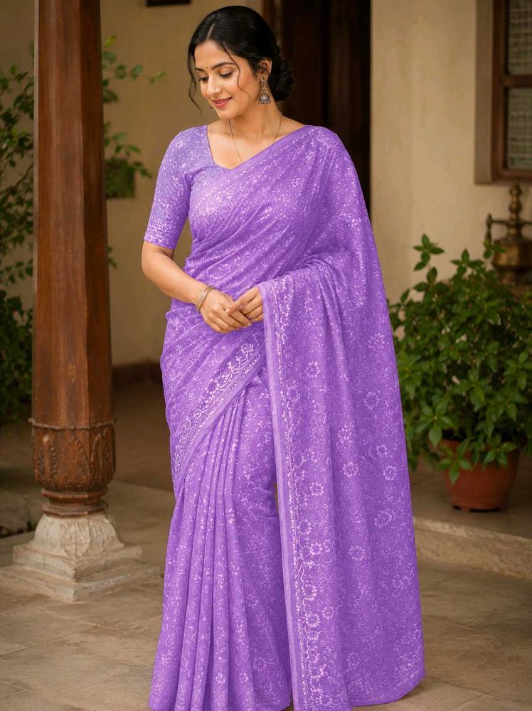 purple flower printed saree with beautiful munthan