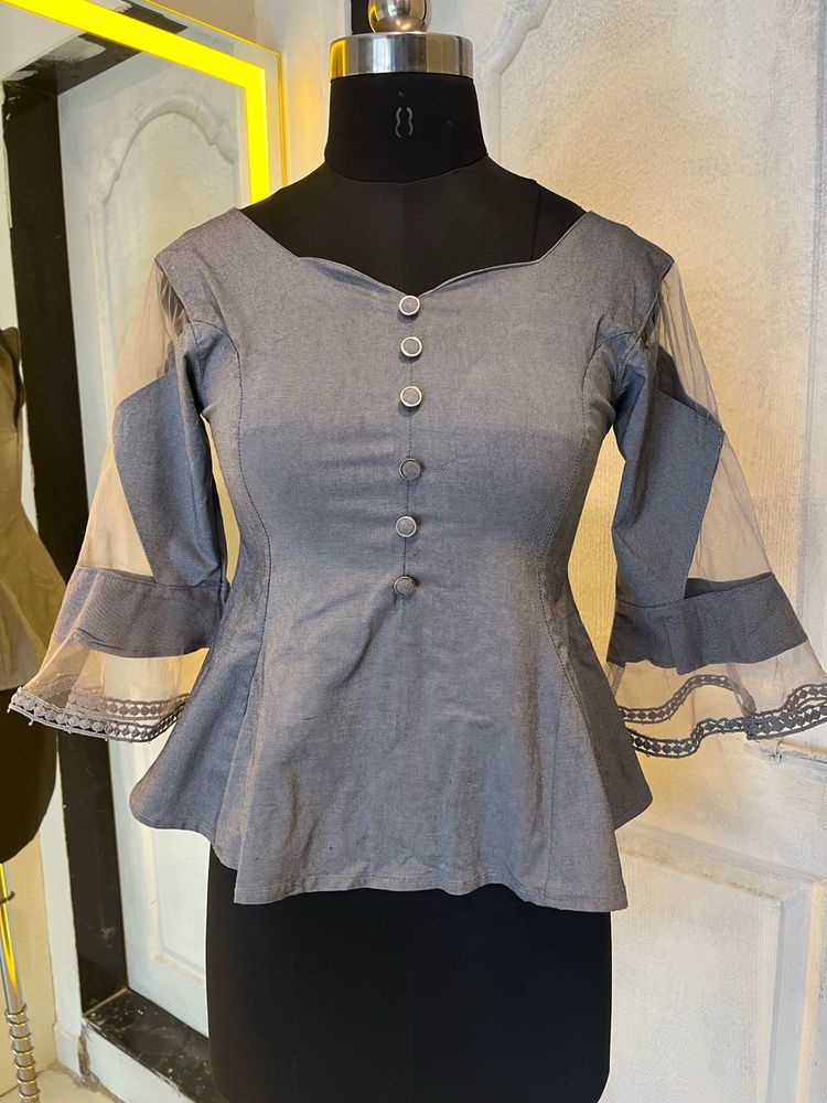 Stylish Grey Peplum Blouse with Sheer Sleeves