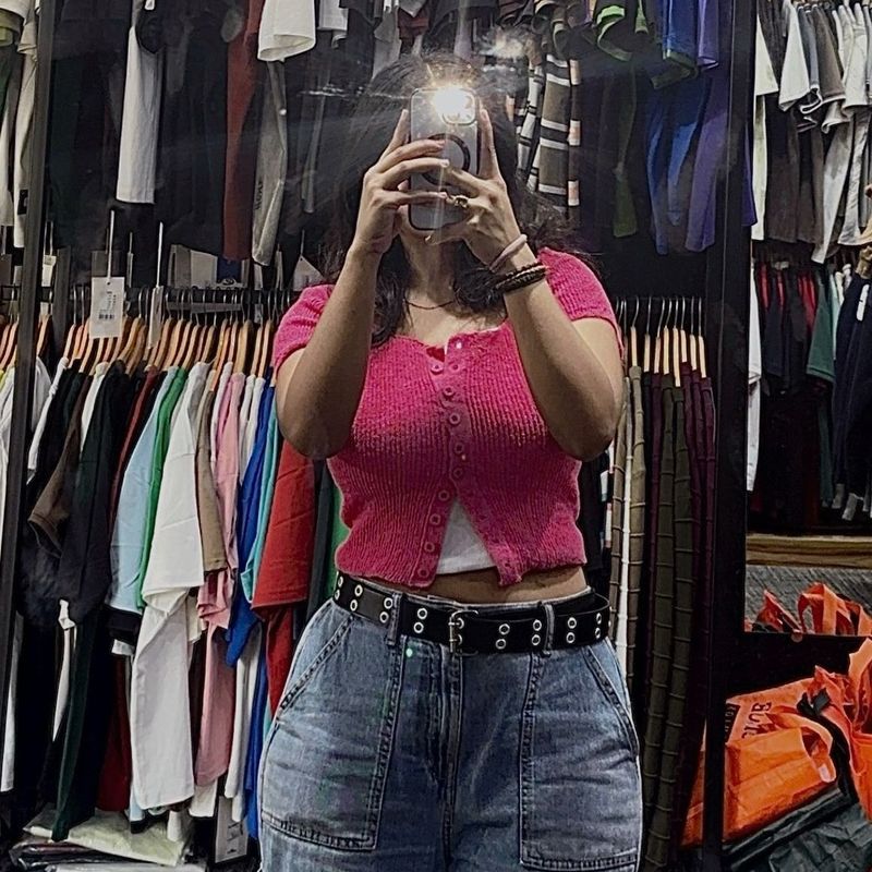 Pink Ribbed Cropped Button-Up Top