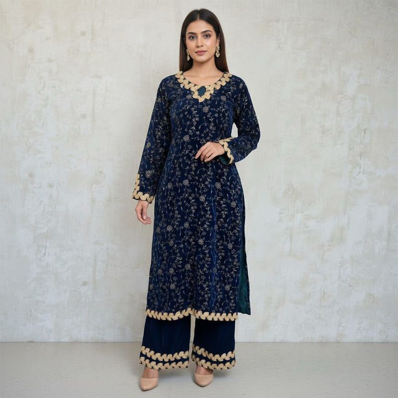 Premium Velvet Suit Set with Embroidery Sequence