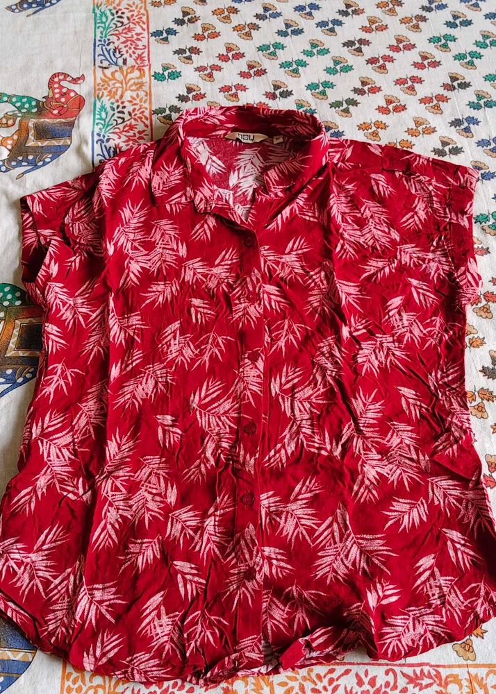 Red Tropical Print Button-Down Shirt