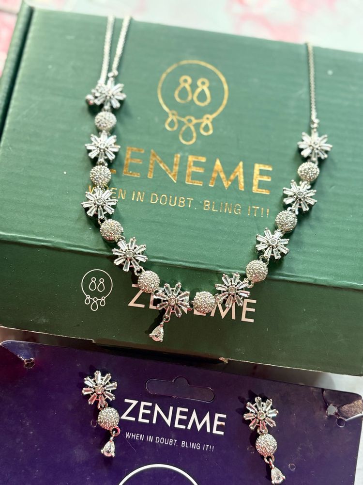 ZENEME silver toned AD jewellery set