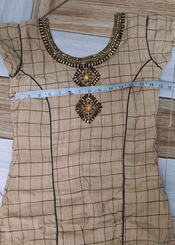 Beige Checked Kurta with Embellished Neckline