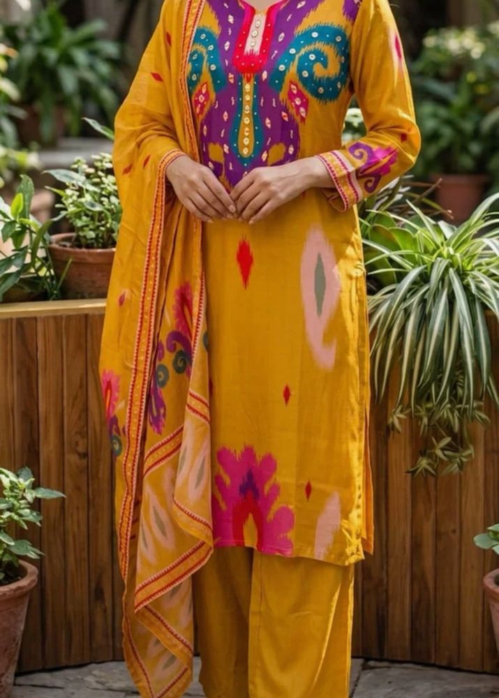 New Pure silk Ikkat yellow Kurta Set with Dupatta